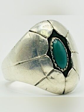 Vintage Navajo Sterling Silver Turquoise Stamped Shadowbox Oval Men's Ring SZ 11